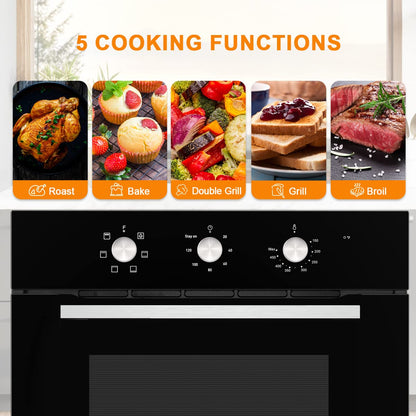 GASLAND 24 Inch Single Wall Oven, 24'' Built-in Electric Ovens, 240V 3240W 2.3Cu.ft 5 Cooking Functions of Grill Conventional Timer, CSA Approved, Black Glass