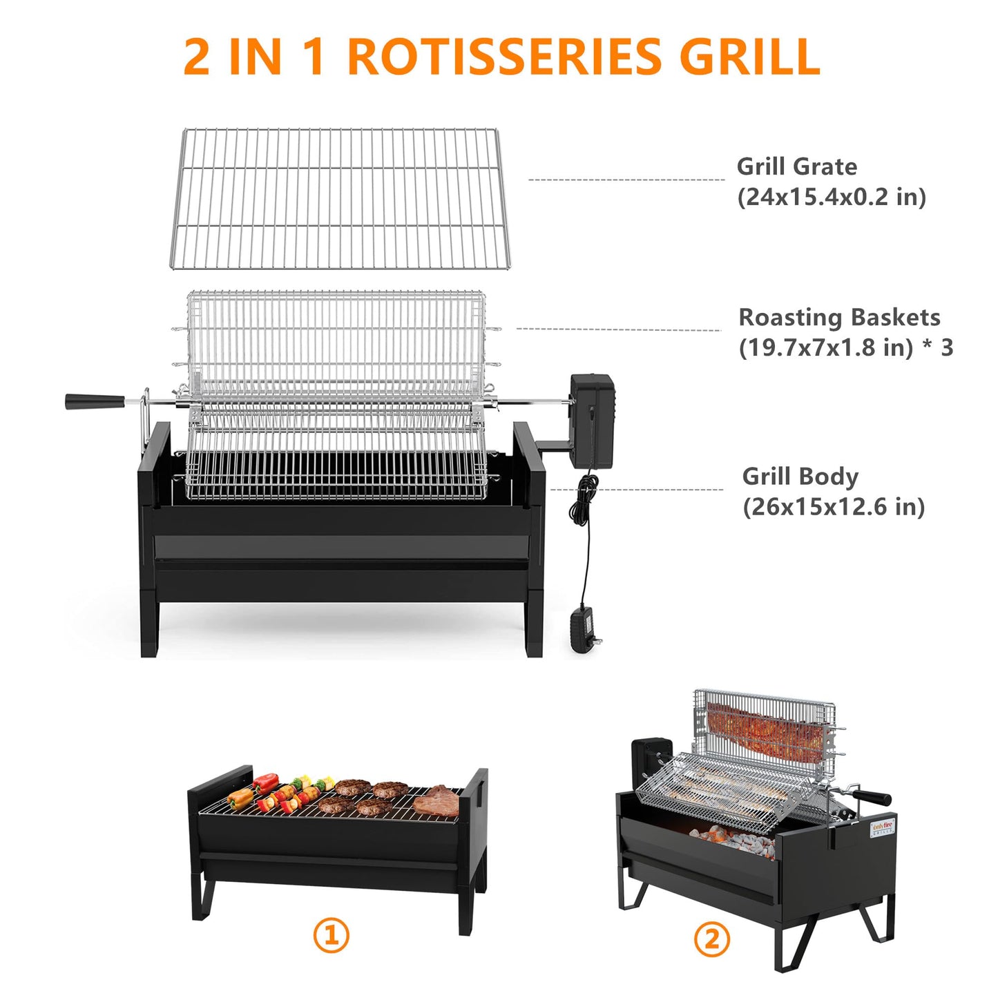 Onlyfire 2 IN 1 Charcoal Grill Rotisserie Kit with 3 Stainless Steel Rotating Baskets and 24 In Grill Grate, Auto Swivel BBQ Roasting Machine for Outdoor Patio Backyard, Multi-functional Camping Grill