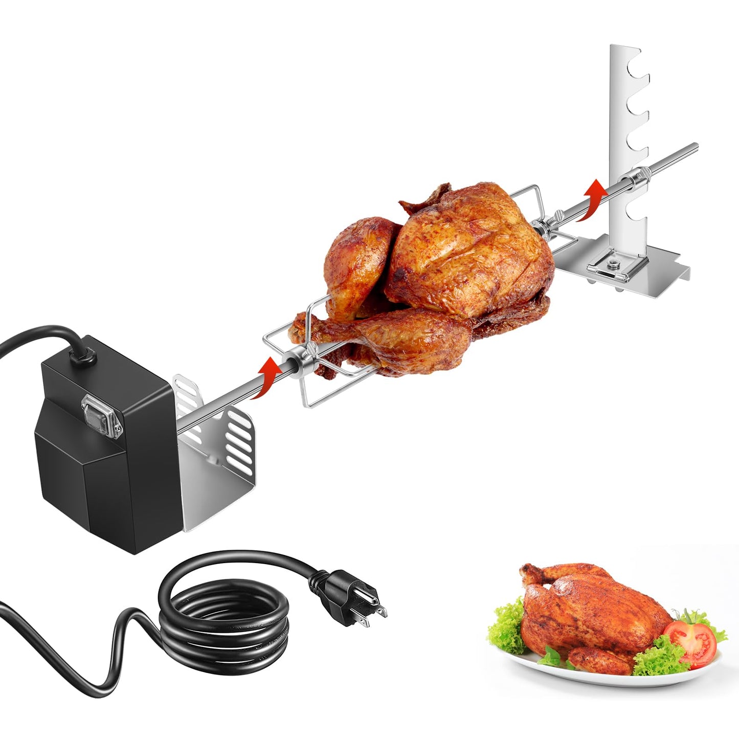 Rotisserie Grill Kit, Automatic Rotating BBQ, UL Certificated Universal Grill Rotisseries with 120V 4W Motor, 28” Spit Rod, 2 x 4 Forks, Complete Holders, and Fixing Screw for Backyard and Outdoor