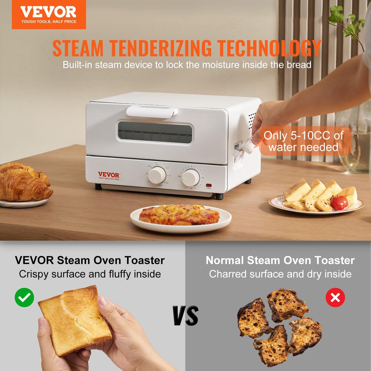 VEVOR 5-IN-1 Steam Oven Toaster, 12L Convection Oven, 1300W Steam Toaster Oven Countertop Combo with Grill, Pizza Pan, Gloves, 2 Slices Toast, 6-inch Pizza, Home and Commercial Use