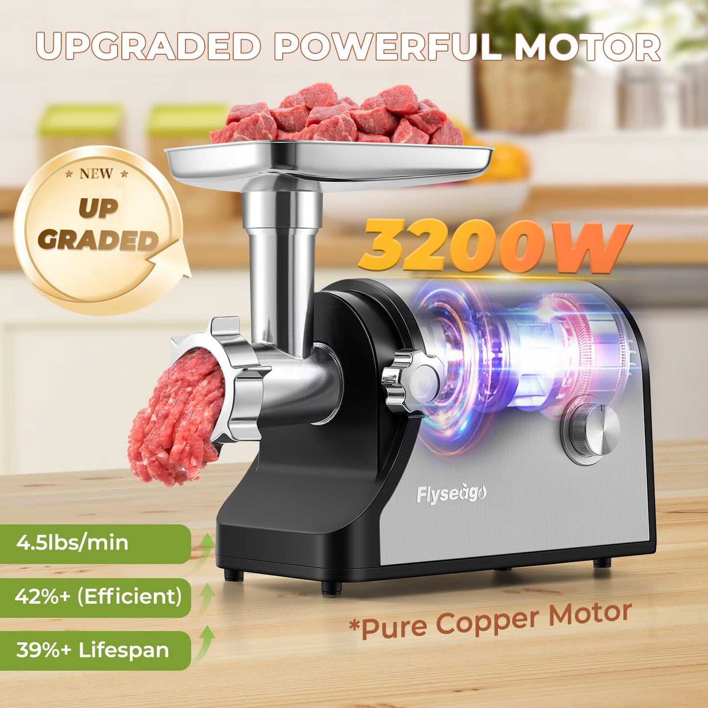 Flyseago Electric Meat Grinder 3200W Heavy Duty Commercial Meat Grinders, Sausage Stuffer, Kubbe Kit with 2 Cutting Blades, 3 Grinding Plates, 3 Sausage Tubes, Metal Gearbox Meat Grinder for Home Use