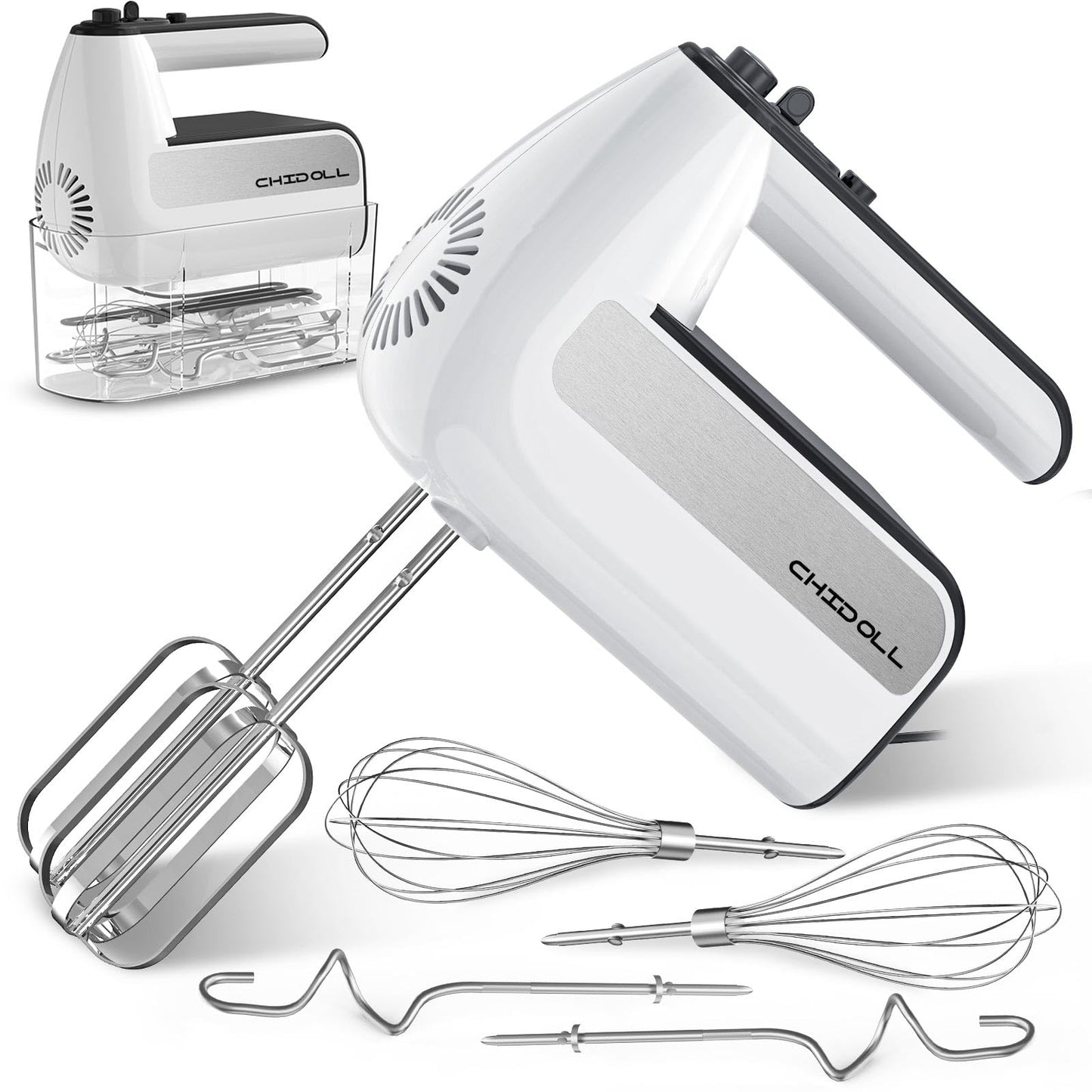 5-Speed Electric Hand Mixer, 800W Handheld Mixer with Turbo for Baking & Cooking, Kitchen Food Mixer with Storage Case & 5 Stainless Steel Attachments (2 Beaters, 2 Dough Hooks, 2 Whisks)-White