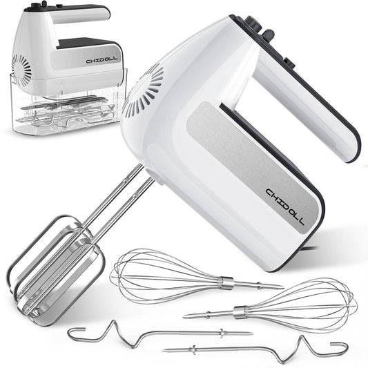 5-Speed Electric Hand Mixer, 800W Handheld Mixer with Turbo for Baking & Cooking, Kitchen Food Mixer with Storage Case & 5 Stainless Steel Attachments (2 Beaters, 2 Dough Hooks, 2 Whisks)-White