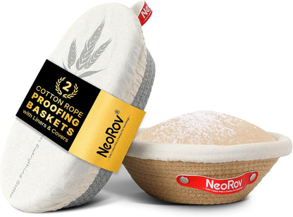 Banneton Bread Proofing Basket Set - Oval & Round Sourdough Proofing Baskets - Sourdough Proofing Bowls Bread Baking Supplies With Liner & Cloth Cover - Cotton Rope Banneton Basket for Baking