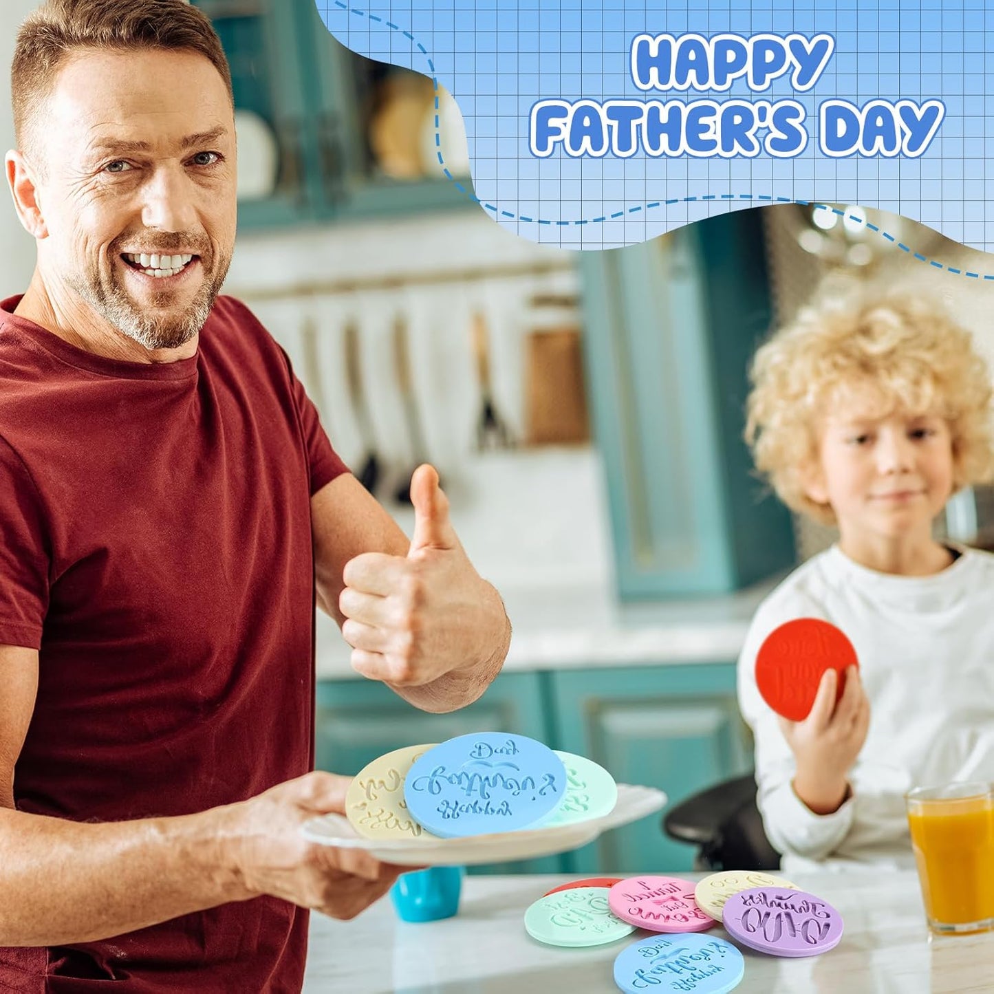 Zubebe 6 Pcs Cookie Stamp Tool Cake Embosser Cutters Mini Cake Mold Fondant Stamp 3D Design Cookie Embosser for Party Supplies Kitchen DIY Baking Tools(Father's Day)