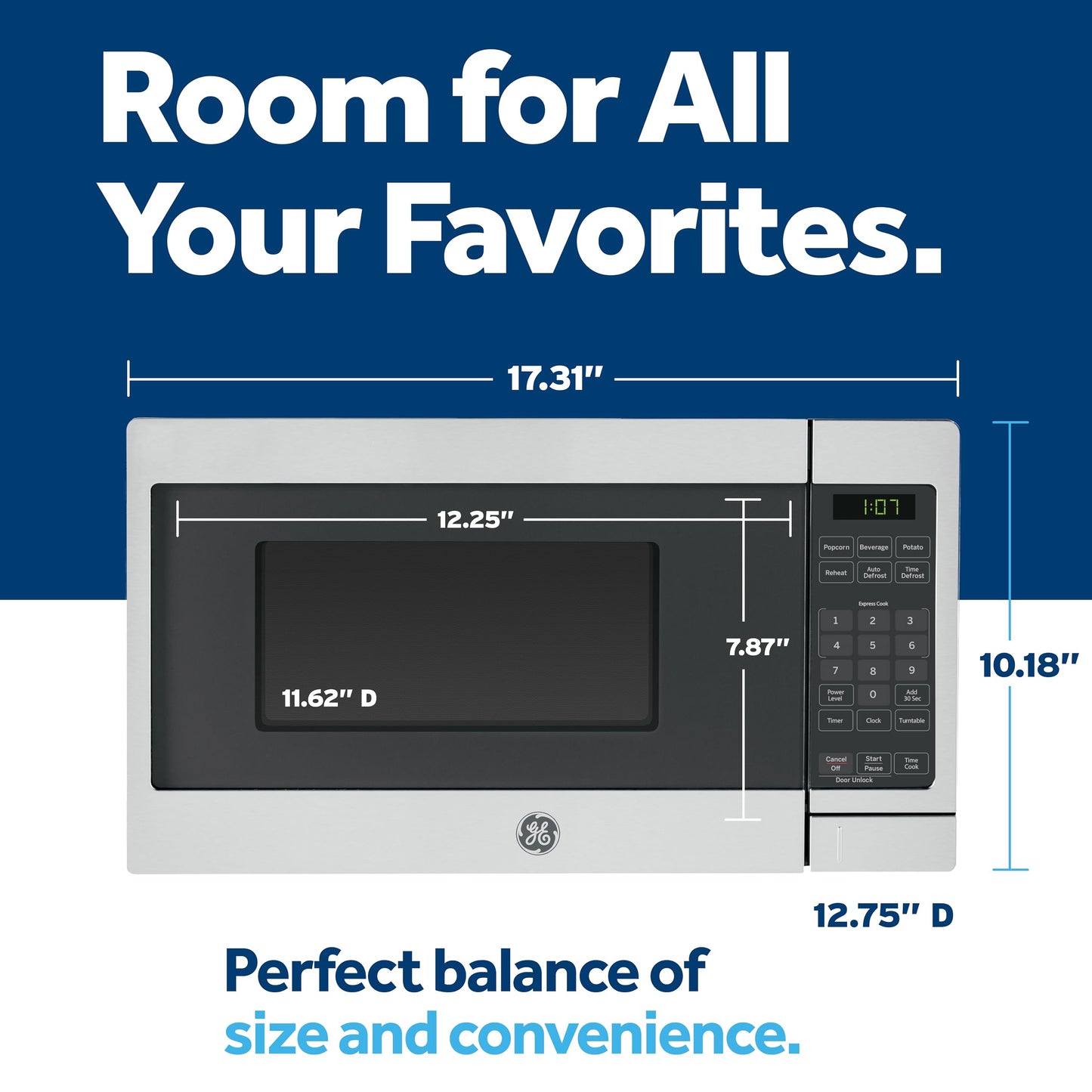 GE GCST07N1WSS Microwave Oven, 700-watt 6 Auto Cooking Settings, Kitchen Essentials for The Countertop, Dorm Room or Apartment, Child-Lock Technology 0.7 Cu. Ft, Stainless Steel