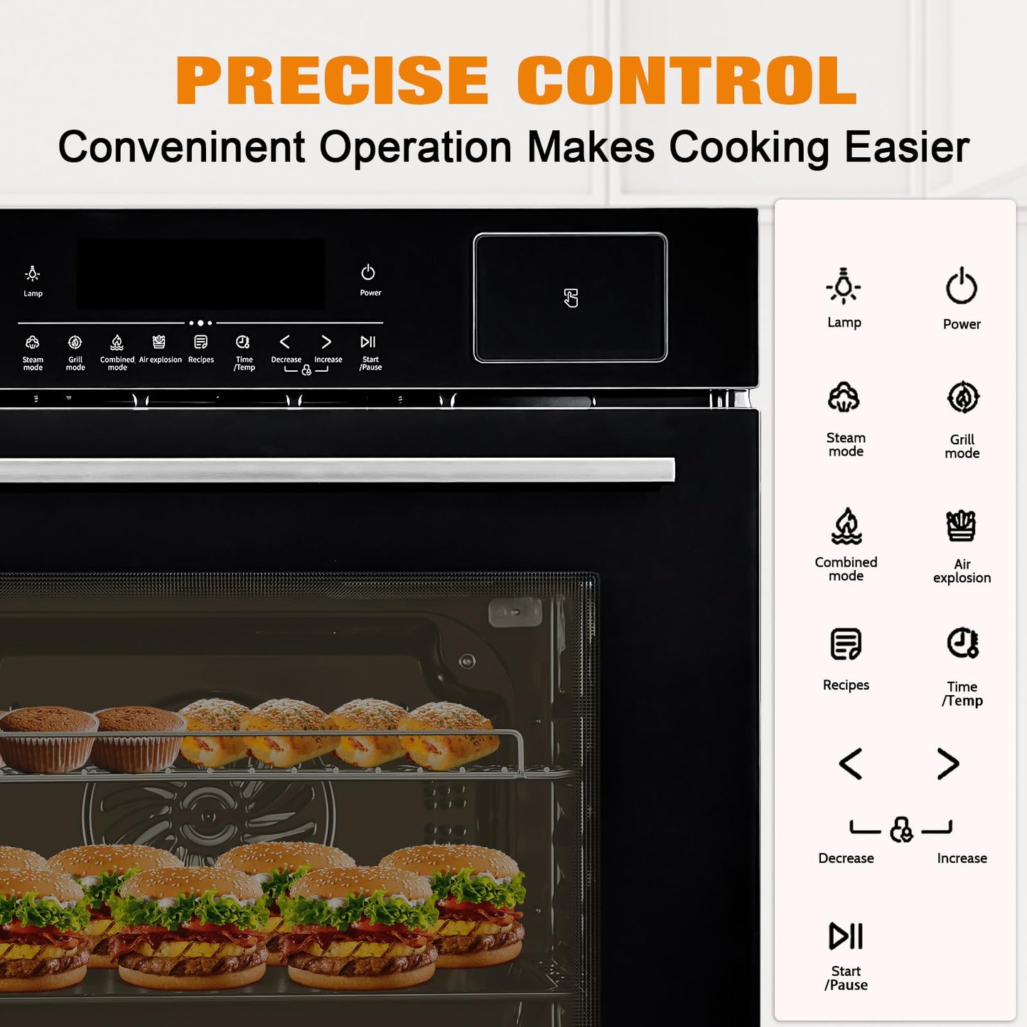 Single Wall Oven 24", Built-in Electric Ovens with 5 Automatic Recipes, 3000W, 2.5 CF Convection Steam and Air Fry Function, Stainless Steel, Touch Control, Timer, Safety Lock