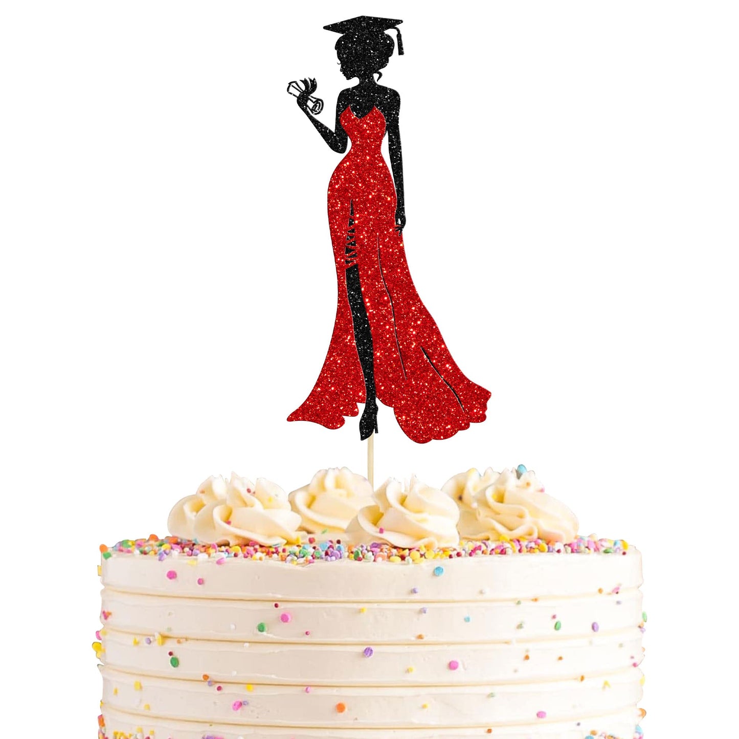 1Pc Congrats Grad 2025 Cake Topper Red Glitter Diploma Graduation Cap Cake Pick Congrats Class of 2025 Cake Decorations for 2025 Graduation Theme High School Boys Girls Graduate Party Supplies