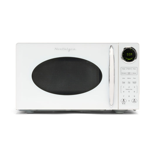 Nostalgia Modern Retro Countertop Microwave Oven - 900-Watt - 0.9 cu ft - 12 Pre-Programmed Cooking Settings - Digital Clock - Kitchen Appliances - White