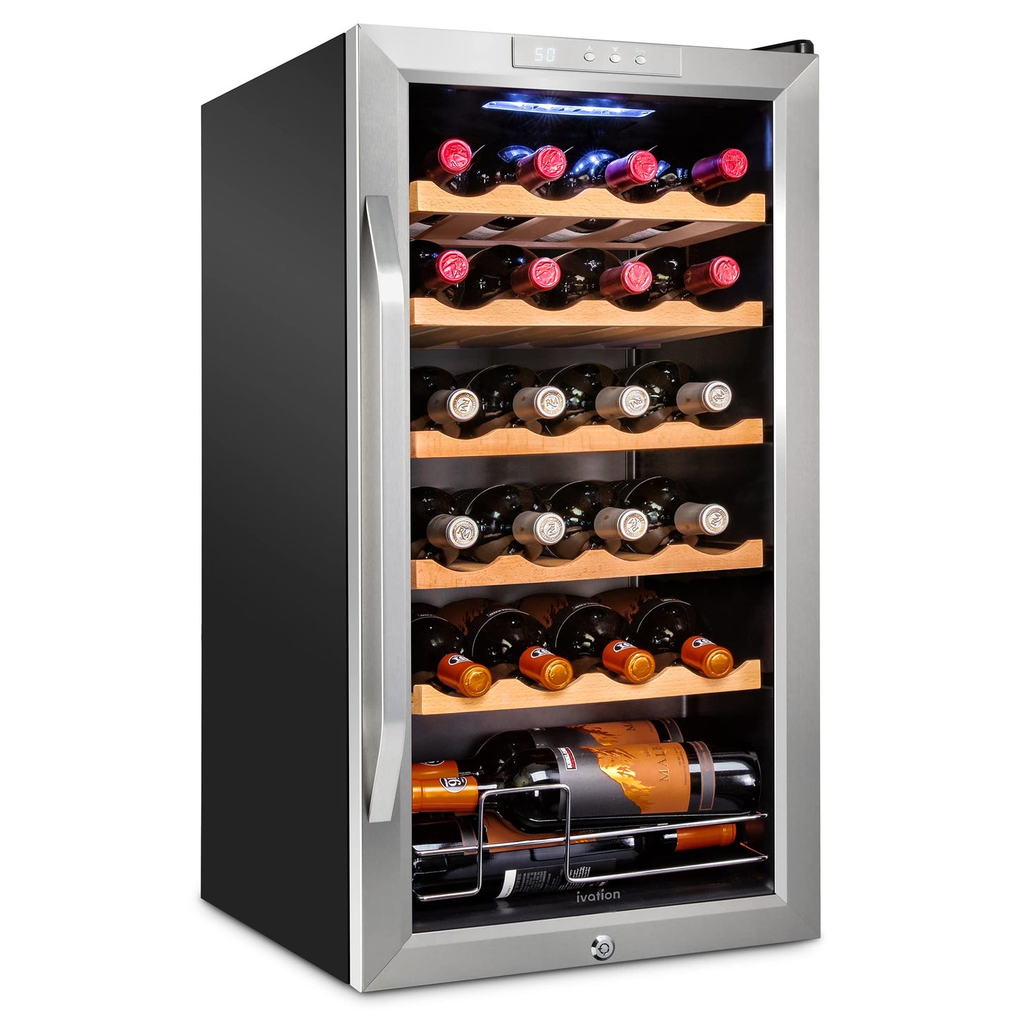 Ivation 24 Bottle Compressor Wine Cooler Refrigerator w/Lock | Large Freestanding Wine Cellar For Red, White, Champagne or Sparkling Wine | 41f-64f Digital Temperature Control Fridge Stainless Steel