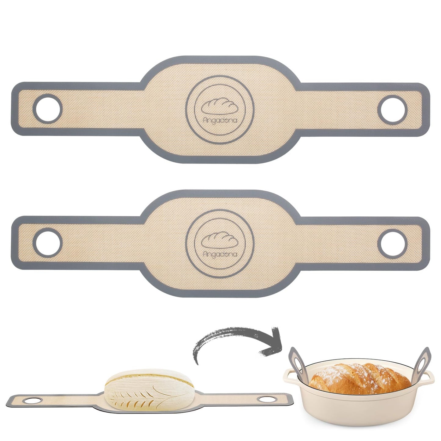 Silicone Bread Sling Dutch Oven - Best Japan Silicone Non-Stick & Easy Clean Reusable Baking Mat With Extra Long Handles, 2 Grey Set for Transferable Dough