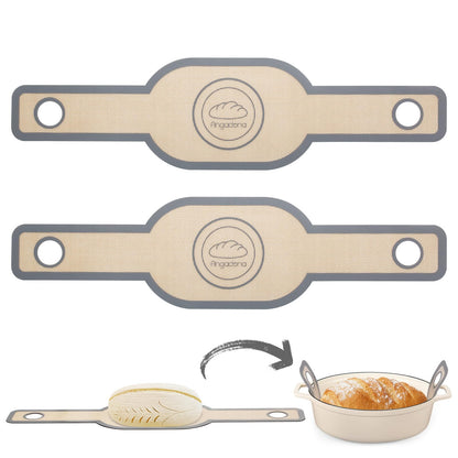 Silicone Bread Sling Dutch Oven - Best Japan Silicone Non-Stick & Easy Clean Reusable Baking Mat With Extra Long Handles, 2 Grey Set for Transferable Dough