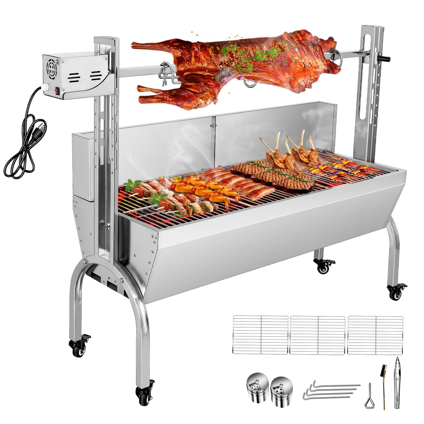 OUKIDR 176 LBS Stainless Steel Rotisserie Grill With Back Cover Guard, 25W Motor Small Pig Lamb Rotisserie Roaster, 48.7 Inch BBQ Charcoal Rotisserie Grill For Camping Outdoor Kitchen