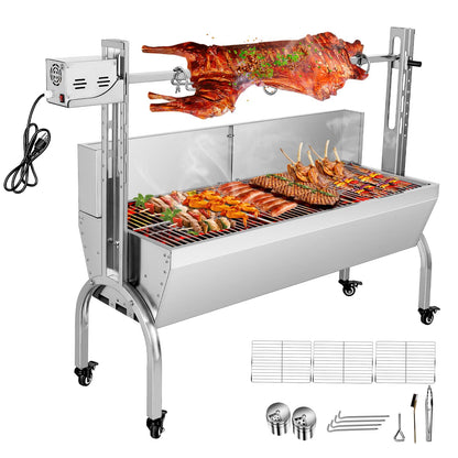 OUKIDR 176 LBS Stainless Steel Rotisserie Grill With Back Cover Guard, 25W Motor Small Pig Lamb Rotisserie Roaster, 48.7 Inch BBQ Charcoal Rotisserie Grill For Camping Outdoor Kitchen