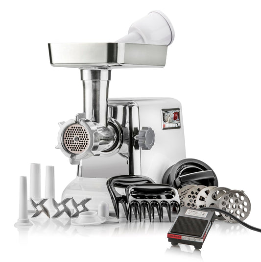 STX International Turboforce 3000 Series 6-In-1 Powerful Size #12 Electric Meat Grinder with Foot Pedal • Sausage Stuffer • Kubbe Maker • Patty Press • 2 Meat Claws • 3 S/S Blades • 5 Grinding Plates