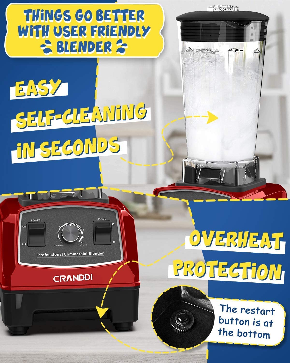 CRANDDI Professional Blender,1500 Watt Commercial Blenders for Kitchen with 70oz Capacity and Self-Cleaning, Classic Blenders for Shakes and Smoothies, Build-in Pulse, YL-010-R