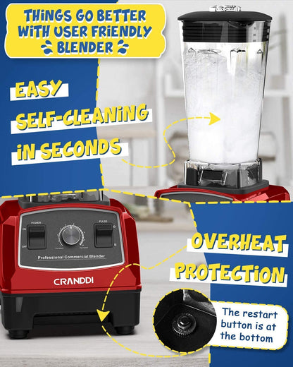 CRANDDI Professional Blender,1500 Watt Commercial Blenders for Kitchen with 70oz Capacity and Self-Cleaning, Classic Blenders for Shakes and Smoothies, Build-in Pulse, YL-010-R