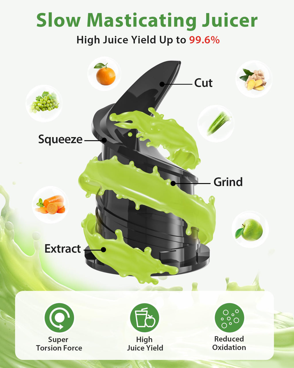 Juicer Machines, ECOSELF Cold Press Juicer with 4.35" Large Feed Chute Fit Whole Fruits and Vegetables, Juice Extractor Self Feeding Effortless for Batch Juicing, Easy to Clean, High Juice Yield
