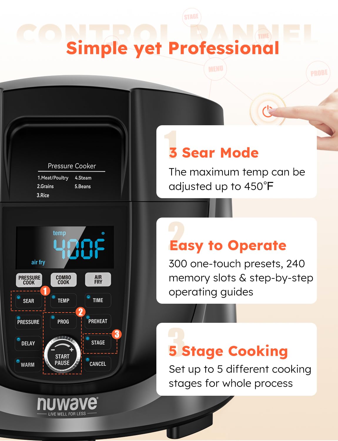 Nuwave Duet Air Fryer and Electric Pressure Cooker Combo with 2 Switchable Lids, 300 FoolProof One-Touch Presets, Crisp&Tender Tech, 6QT Heavy-duty Stainless Steel Pot, 15+ Safety Features