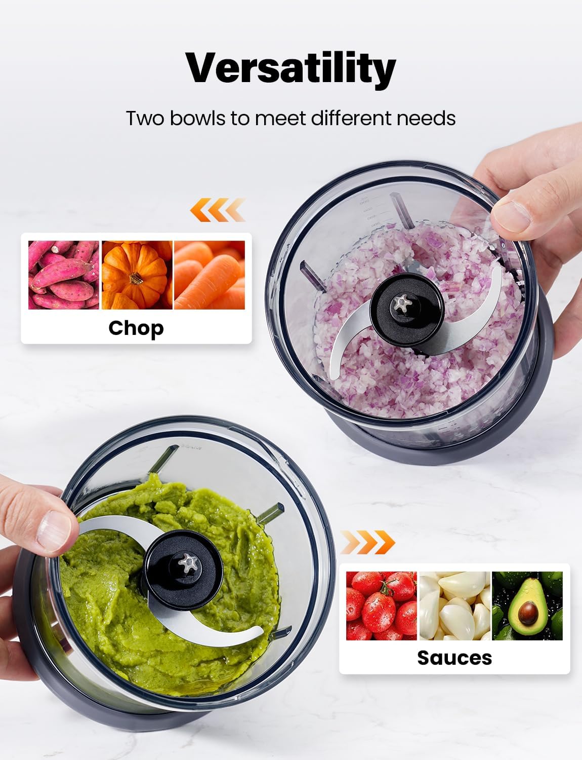 TWOMEOW Food Processor 4 Cup, Electric Food Chopper, 【Small but Powerful】Meat Grinder with 2 Bowls, 2 Speed & 4 Blades for Vegetable, Meat, Nuts, Functions for Chopping, Dicing, Mixing and Puree