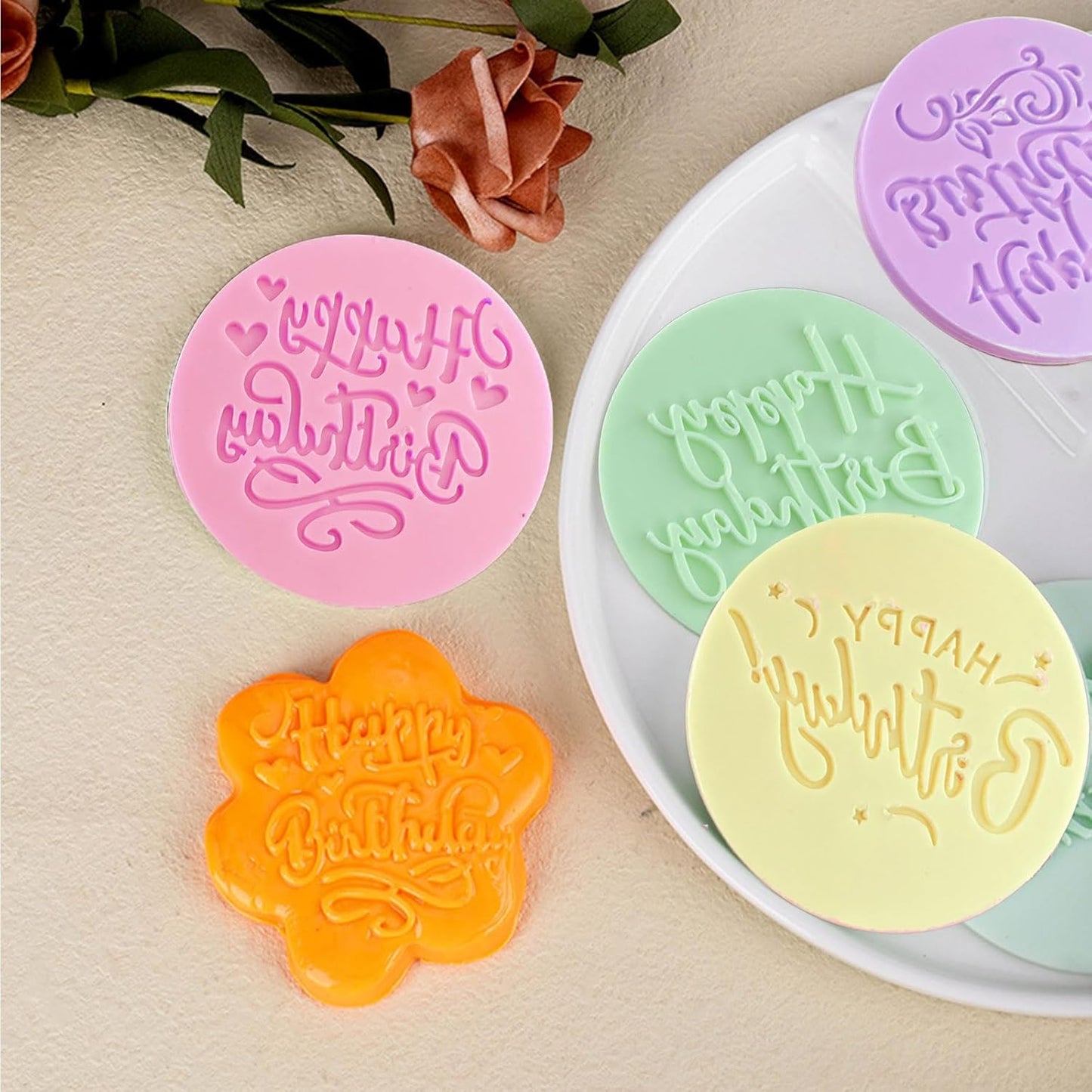 4Pcs Happy Birthday Fondant Embosser 3D Design Acrylic Mould Cookie Stamp, Cookie Cutters for DIY Baking Cake/Sugar Paste/Cupcake/Chocolate (3.15 inch, Random Colors)