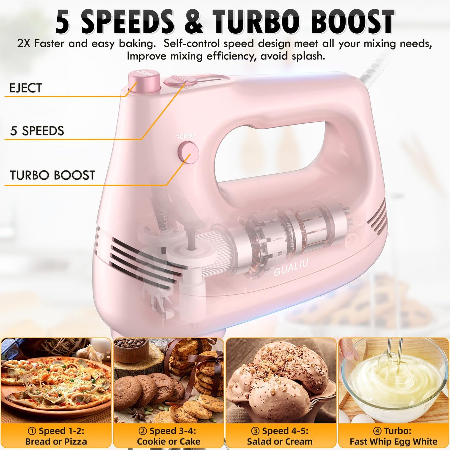 GUALIU Electric Hand Mixer with Stainless Steel Whisk, Dough Hook Attachment and Storage Bag, Handheld Mixer for Baking Cakes, Eggs, Cream Food Mixers. Turbo Boost /5 Speed Kitchen Blender PINK