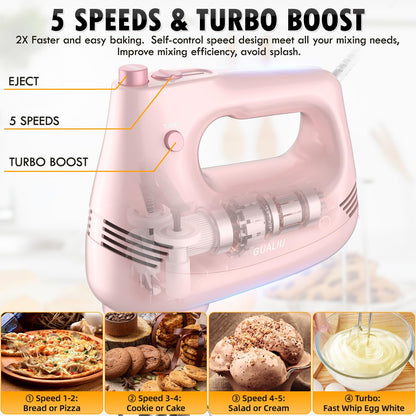 GUALIU Electric Hand Mixer with Stainless Steel Whisk, Dough Hook Attachment and Storage Bag, Handheld Mixer for Baking Cakes, Eggs, Cream Food Mixers. Turbo Boost /5 Speed Kitchen Blender PINK