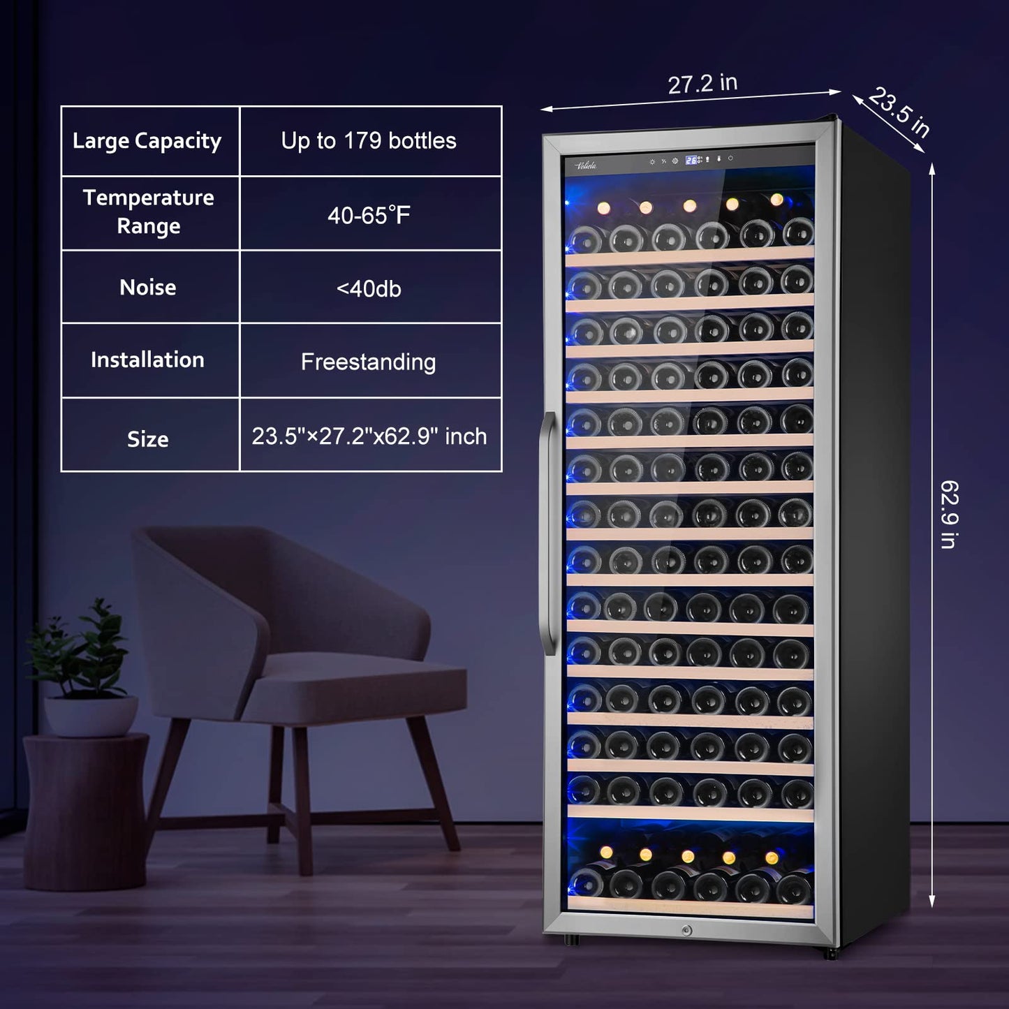 24 Inch Wine Cooler Refrigerator, 179 Bottles Professional Wine Cellars with Powerful Compressor,Quiet Operation and Elegant Design for The Wine Lovers