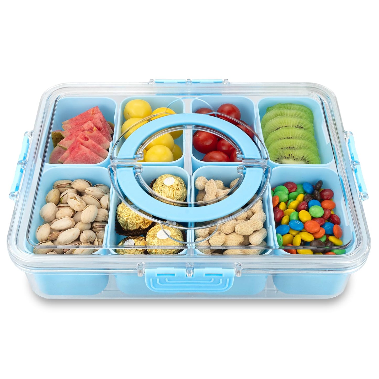 Divided Serving Tray with Lid and Handle,8 Compartments Snacks Box,Snack Fruit and Veggie Tray,Portable Platter for Candy Fruits Nuts Snack Party Entertaining Picnic (1 PCS)