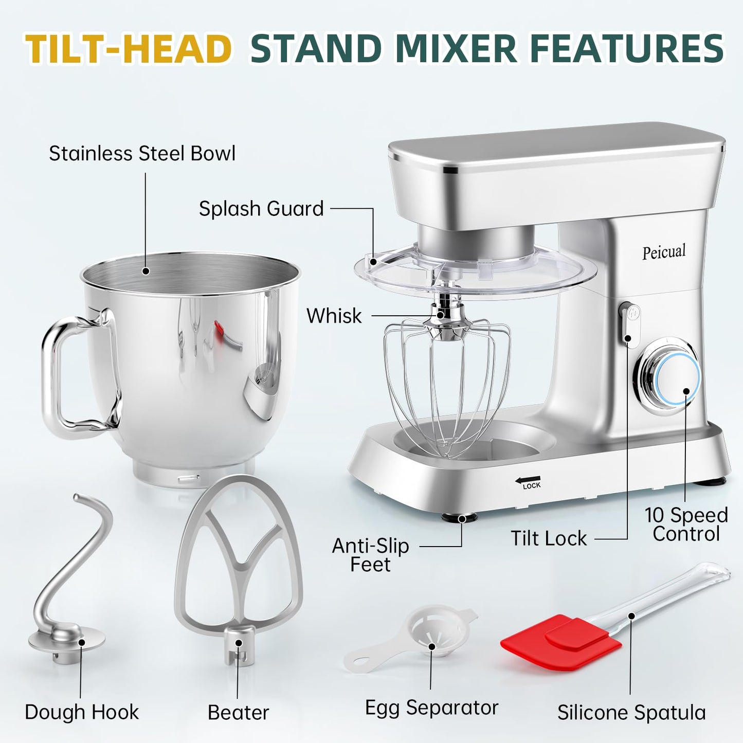 Specjalny mikser stojący, 6QT 10+P Speed ​​Tilt-Head Kitchen Electric Mixer, mikser do żywności ze stalową misą, hakiem do ciasta, płaskim mieszadłem, trzepaczką, osłoną przeciwbryzgową do codziennego użytku - srebrny