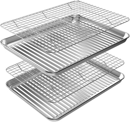 ROTTAY Baking Sheet with Rack Set (2 Pans + 2 Racks), Stainless Steel Cookie Sheet with Cooling Rack, Nonstick Baking Pan, Warp Resistant & Heavy Duty & Rust Free, Size 16 x 12 x 1 Inches
