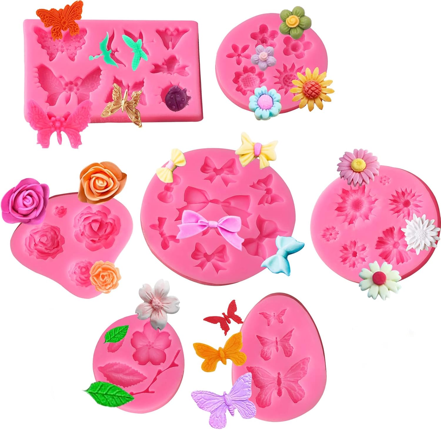 Flower Silicone Mold,7 Pack for Rose, Chocolate, Cake, Butterfly, Mini Bow, Cupcake, Jelly, Mini Muffins and Candy Making