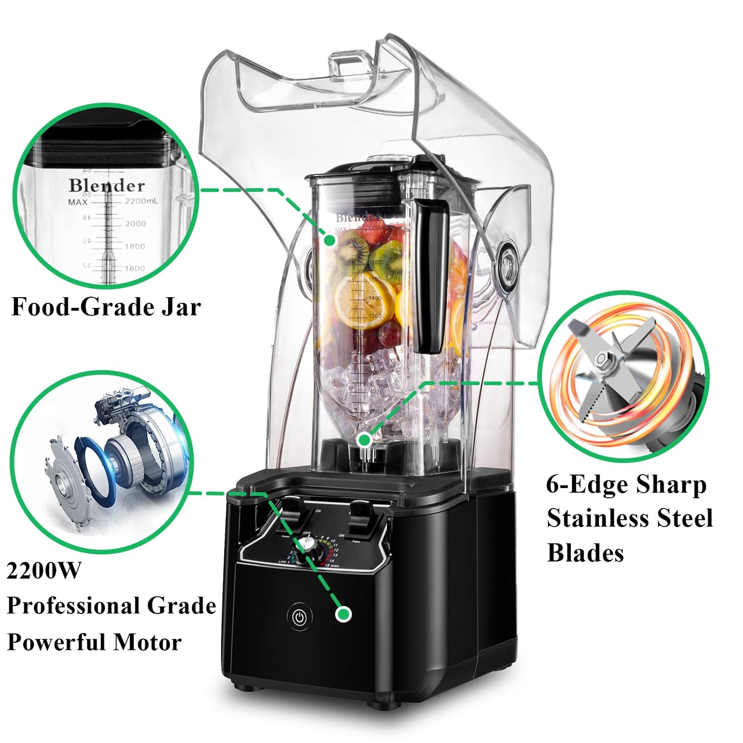 Commercial Blender for Smoothies 2200W, 80 Oz, 15 Speeds, 6-leaf Stainless Steel Blade, Heavy-Duty Commercial Blender for Restaurant, Smoothies, Ice Crush, Shakes, Self-Cleaning, Black