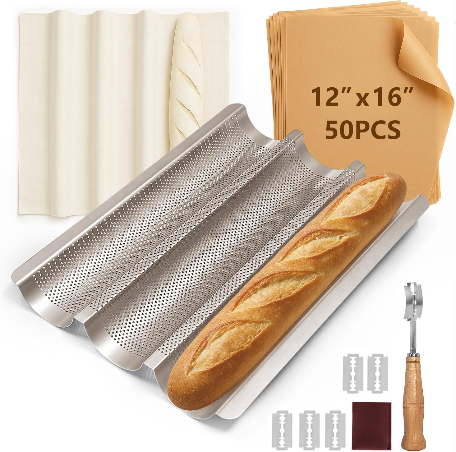 Baguette Pans 15" x 11", 3 Loaf Nonstick Baguette Baking Tray for French & Italian Bread with Proofing Cloth, Scoring Tool & 50pcs Parchment Paper, Home Bread Baking Supplies Kit