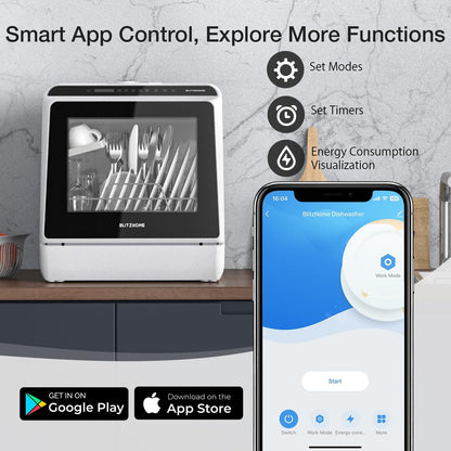 Zmywarka BLITZHOME przenośna, zmywarka z WIFI Smart, kompaktowe zmywarki z wbudowanym zbiornikiem na wodę o pojemności 5 l, 6 programów, podwójny natrysk 360°, funkcja suszenia na powietrzu i w wysokiej temperaturze, czyszczenie owoców