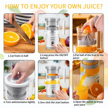 Electric Citrus Juicer, Rechargeable Juicer Machine with USB Cable and Cleaning Brush, Touch Button, Automatic Orange Lime Lemon Grapefruit Squeezer, Easy to Clean Portable Juicer, White