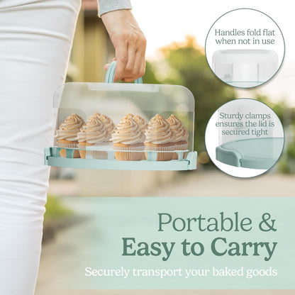 Cake Carrier with lid and Handle - Multipurpose Cake Stand with Lid for 10” Cake, Pie, Cupcakes - Cake Holder & Lid, Plastic Cake Container, Round Cake Cover for Transport & Storage (Seafoam Green)
