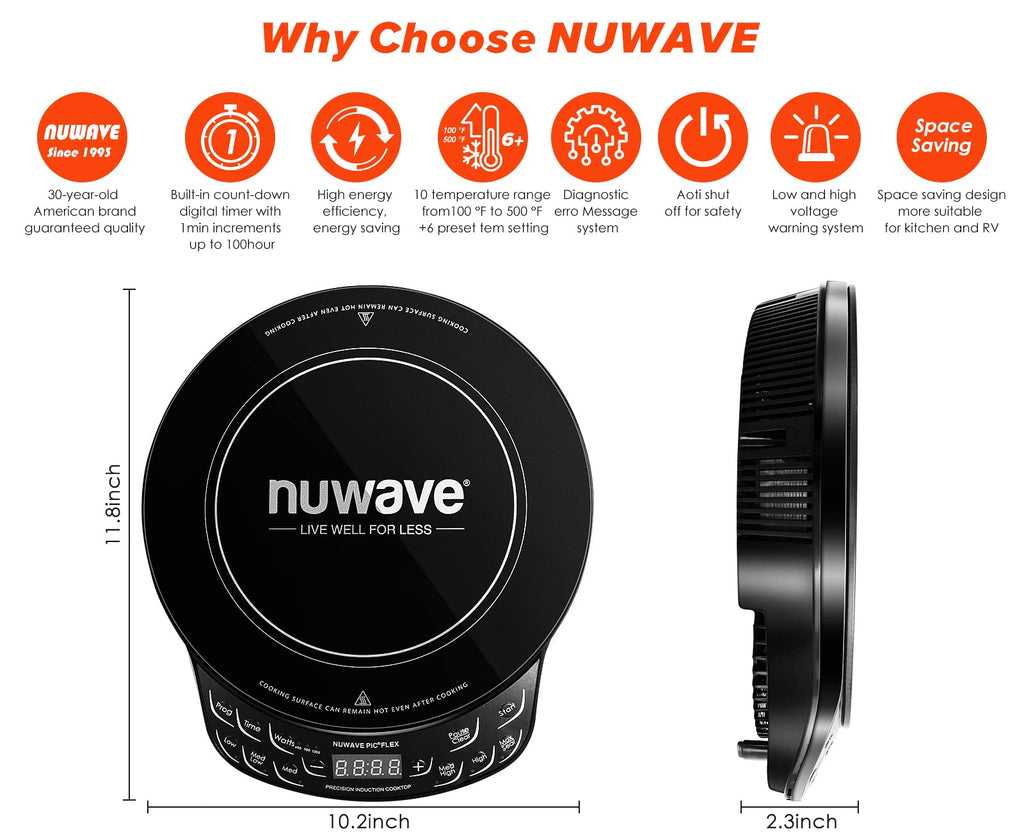 Індукційна варильна поверхня Nuwave Flex Precision, ударостійке склокерамічне скло 10,25 дюйма, нагрівальна спіраль 6,5 дюйма, 45 температур від 100°F до 500°F, 3 режими потужності: 600, 900 та 1300 Вт, чорний колір