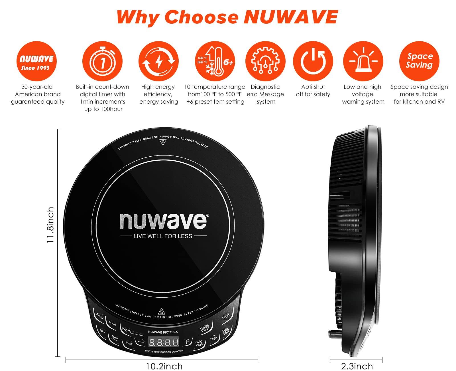 Індукційна варильна поверхня Nuwave Flex Precision, ударостійке склокерамічне скло 10,25 дюйма, нагрівальна спіраль 6,5 дюйма, 45 температур від 100°F до 500°F, 3 режими потужності: 600, 900 та 1300 Вт, чорний колір