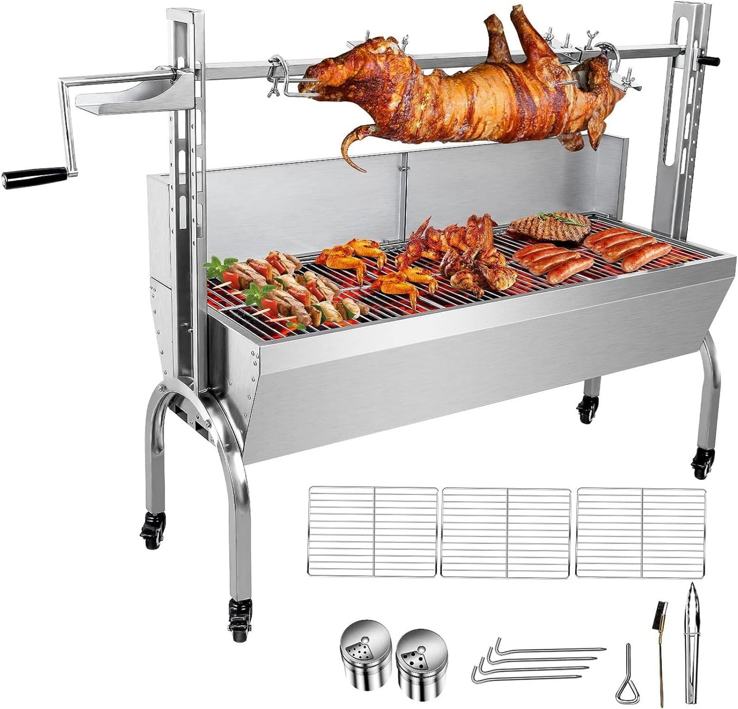 OUKIDR 176 LBS Stainless Steel Rotisserie Grill With Back Cover Guard, 25W Motor Small Pig Lamb Rotisserie Roaster, 48.7 Inch BBQ Charcoal Rotisserie Grill For Camping Outdoor Kitchen