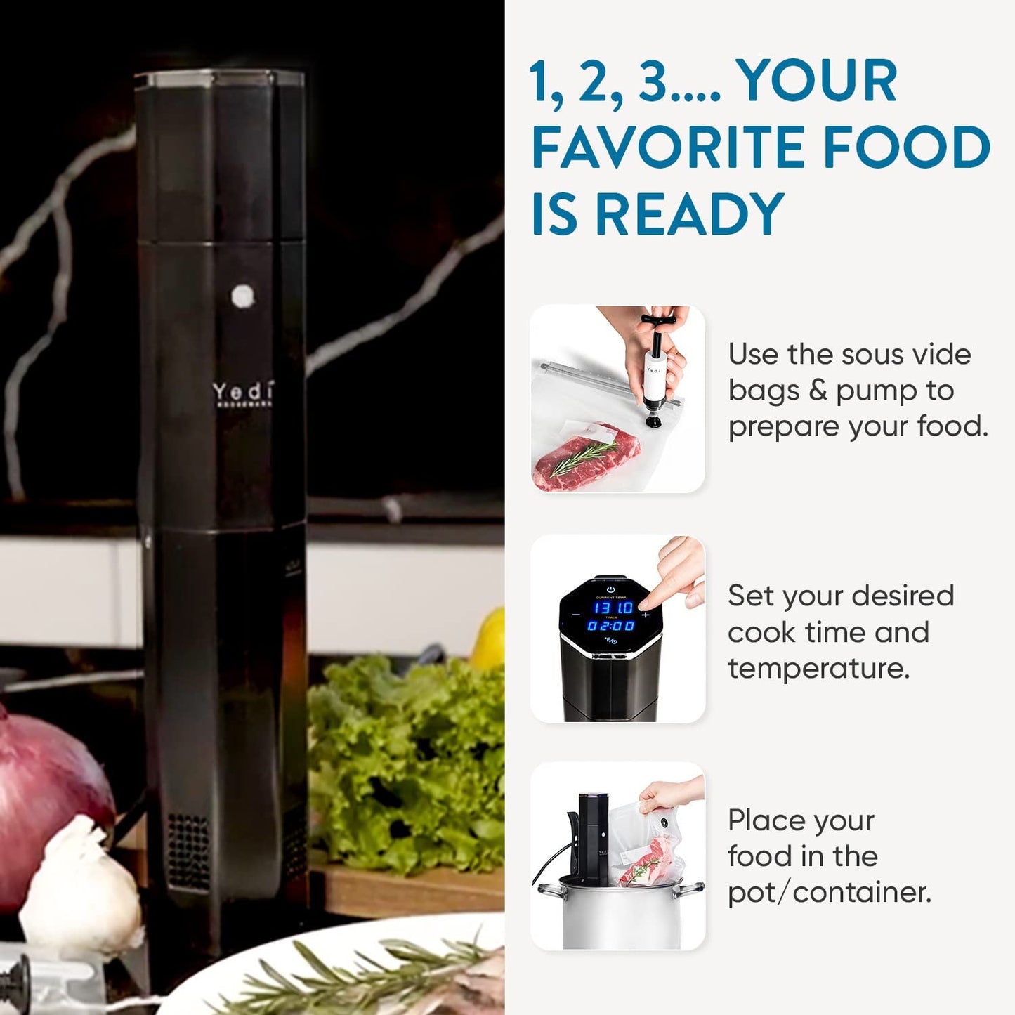 Yedi Infinity Sous Vide Cooker, Powered by Octcision Technology, Deluxe Accessory Kit, Recipes, 1000 Watts