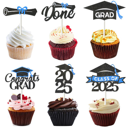24 Pack 2025 Congrats Grad Cupcake Toppers Set, Glitter Graduation Cupcake Decor, Class of Cupcake Picks for Senior High School College Grad Party Decorations Supplies(Black with Gold) A