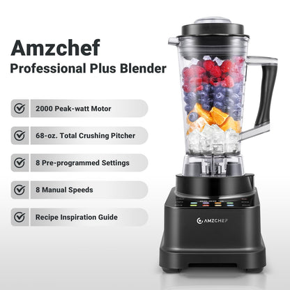 AMZCHEF 8-IN-1 Professional Blender, 2000 W Commercial Blenders for Kitchen with Timer, Innovative LED Touch Panel with 8 Preset Programs, 10 Speeds Blender for Shakes and Smoothies, 68 oz, Black