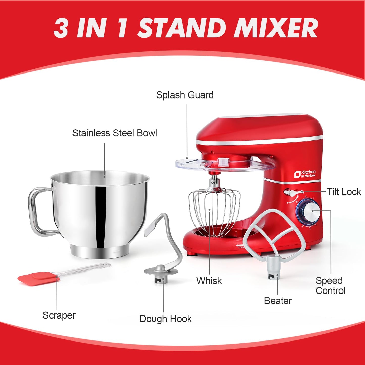 Kitchen in the box Stand Mixer, 6.5QT 660W Kitchen Electric Mixer, 6-Speed Tilt-Head Food Mixer with Dough Hook, Wire Whip, Beater, Dishwasher Safe (Red)