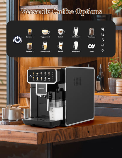 ChefRobot Automatic Espresso Machine Coffee Maker 12 Cup with Grinder Cappuccino Latte Americano Machine with Milk Frother for Home/Office