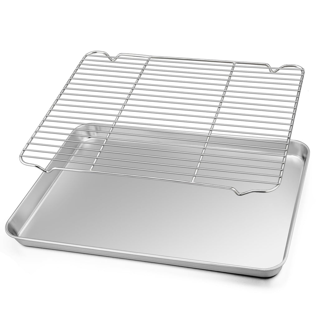 TeamFar Toaster Oven Tray and Rack Set, 9.3’’ x 7’’ x 1’’, Stainless Steel Toaster Oven Pan Broiler Pan, Non Toxic & Healthy, Easy Clean & Dishwasher Safe