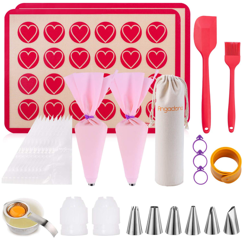 Angadona Macaron Silicone Baking Mats Kit (16pcs set) Macaroon Baking Mat Set of 2 Half Sheet Macaron Silicone Mat Nonstick Macaron Mat Sheet,6 Piping Tip,2 Piping Bag with 3 Bag Tie,2 coupler