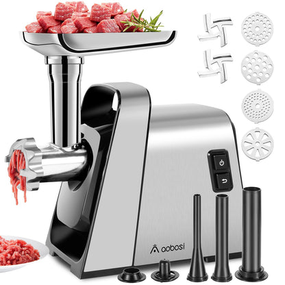 AAOBOSI Meat Grinder Electric, [3000W Max] Meat Grinder Heavy Duty with 2 Stainless Steel Blades & 4 Grinding Plates, Sausage Maker & Kibbe Kit for Home Kitchen Using