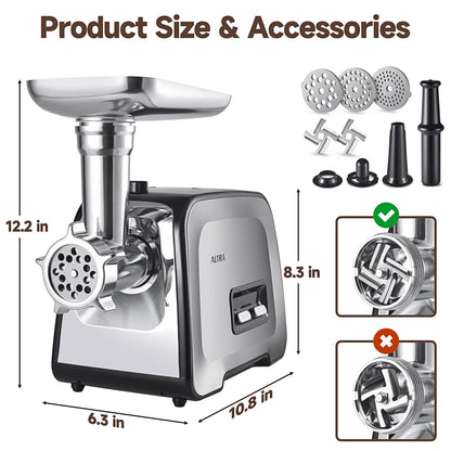 ALTRA LIFE Meat Grinder, Sausage Stuffer, [2800W Max] Electric Meat Mincer with Stainless Steel Blades & 3 Grinding Plates,Sausage Maker & Kubbe Kit for Home Kitchen & Commercial Using