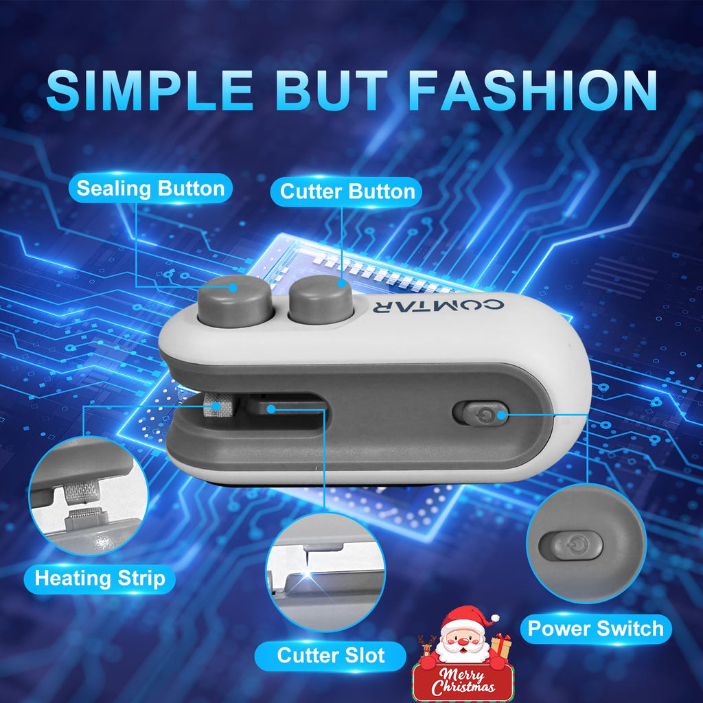 COMTAR Mini Bag Sealer, ulepszona zgrzewarka i obcinarka 2 w 1, akumulatorowa zgrzewarka do toreb USB C z magnesem, przenośna maszyna do ponownego zamykania toreb plastikowych, przechowywanie chipsów, przekąski, świeżość